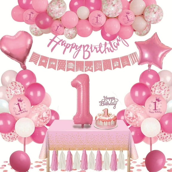 1st Birthday Decorations for Girls, Pink Birthday Decorations with Number Balloon Pink set for Baby Girl Daughter Baby Shower Party