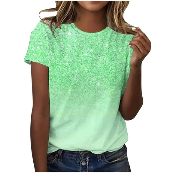Moxiu Women's Tshirts Graphic for Women Trendy Casual Round Neck Short Sleeve Sequin Glitter Print Tees Shirt Crewneck Top 2025 Green,XXXXXL