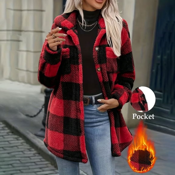 Jovrlynd Womens Winter Coats Fleece Lined Plaid Trendy Warm Jackets Button Down Long Sleeve Outerwear with Pockets, S-2XL