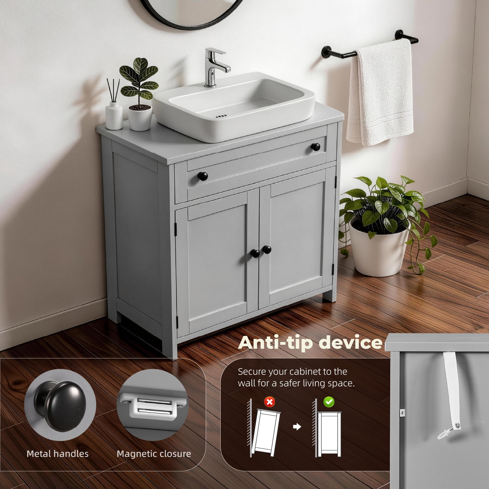 Ktaxon Bathroom Vanity Cabinet, Under Sink Pedestal w/ One Drawer and Two Doors, Wall - mounted Drainage, Gray