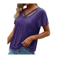 thumbnail image 3 of DYMADE Women Chevron V-Neck Patchwork Summer Short Sleeve Tunic T-Shirt, 3 of 7