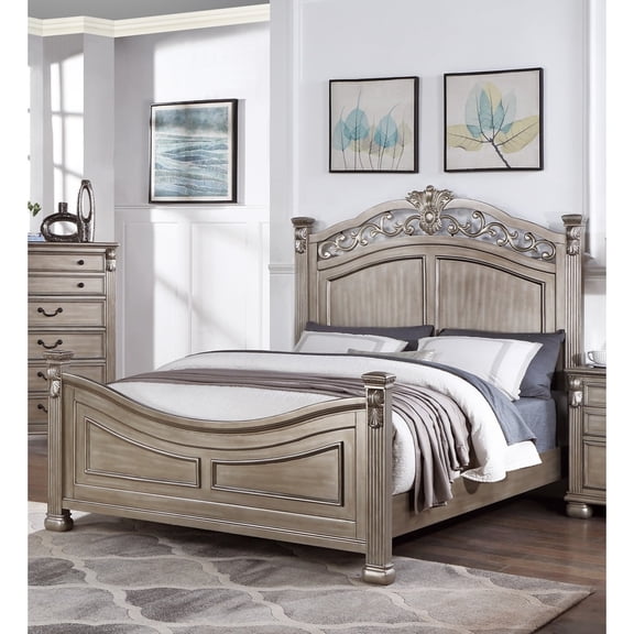 Miekor Furniture Formal Traditional Antique Silver 1pc California King Size Bed Unique Design Headboard Footboard Bedframe 29575