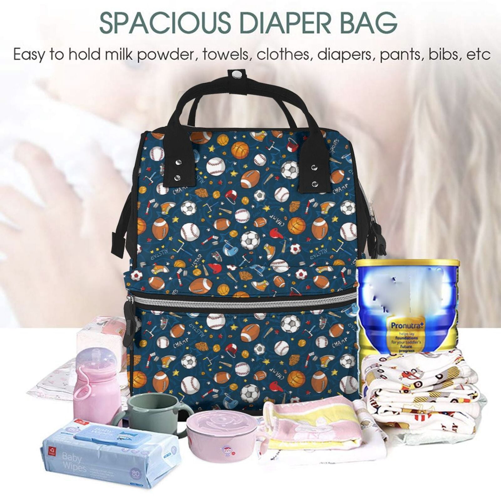 Ratiio Ball Sports Mummy Backpack - Waterproof Twill Canvas, Large Capacity Diaper Bag with Multiple Pockets and Adjustable Straps