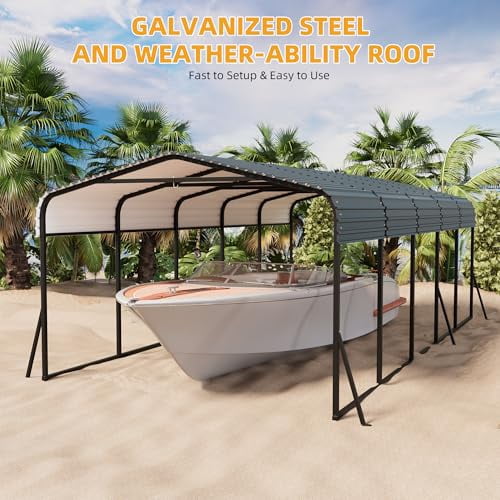 12 x 24 FT Metal Carport with Galvanized Steel Roof, Heavy Duty Metal Roof Carport with Enhanced Base, Tall Kits Garage for Tractors, Trucks, Boats, Cars