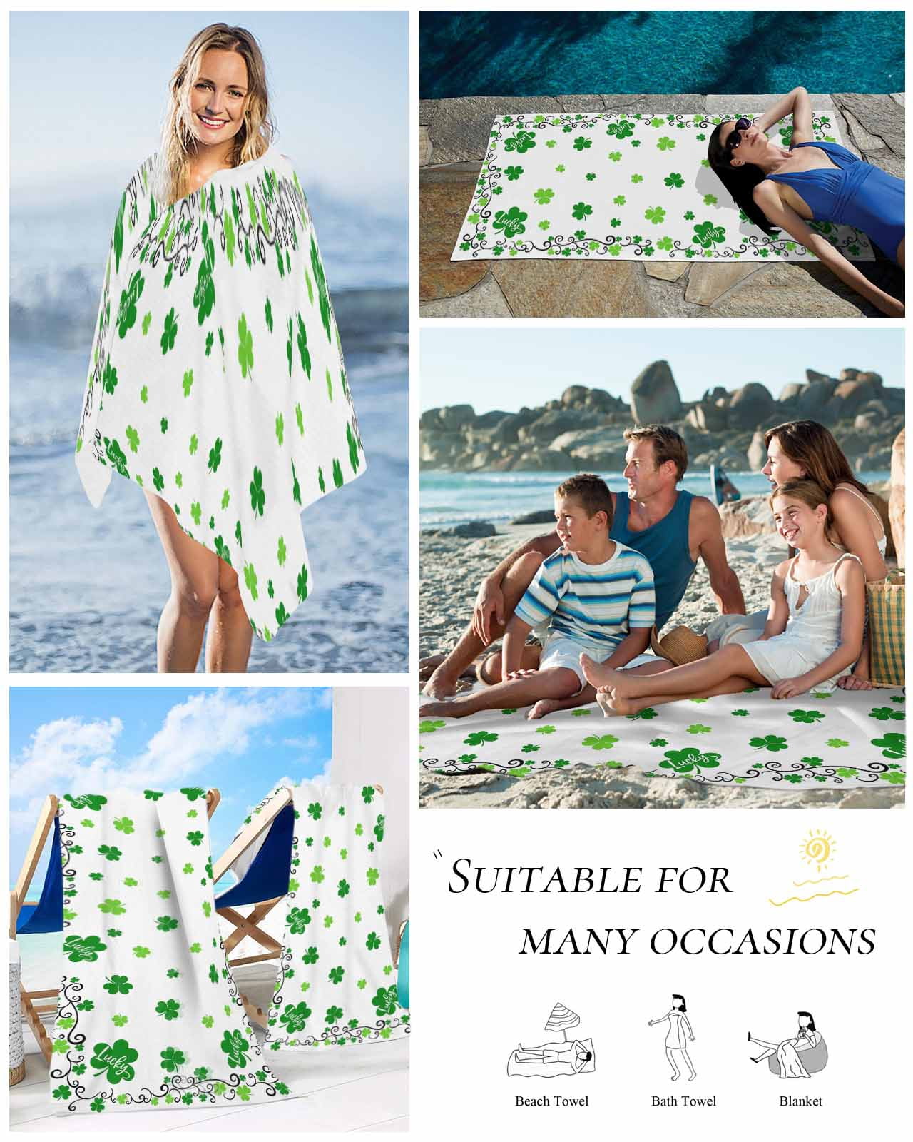 Shamrocks, Beach Towels Oversized Super Absorbent, Saint Patricks Day Green Clover Green White Lightweight Bath Towel Quick Dry Sets For Bathroom/Pool/Rv Camping/Beach Play/Gym Room/Picnic 35"x70"