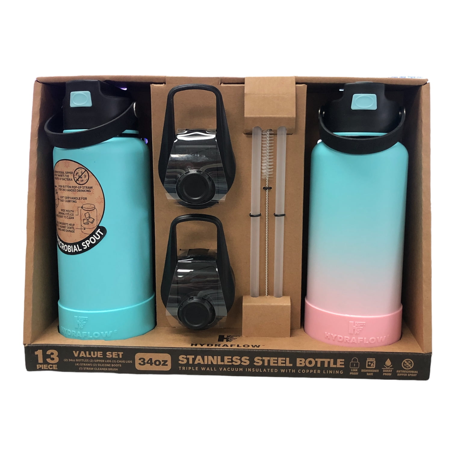 Hydraflow 13 Piece Stainless Steel Bottles 34oz Triple Wall Insulated