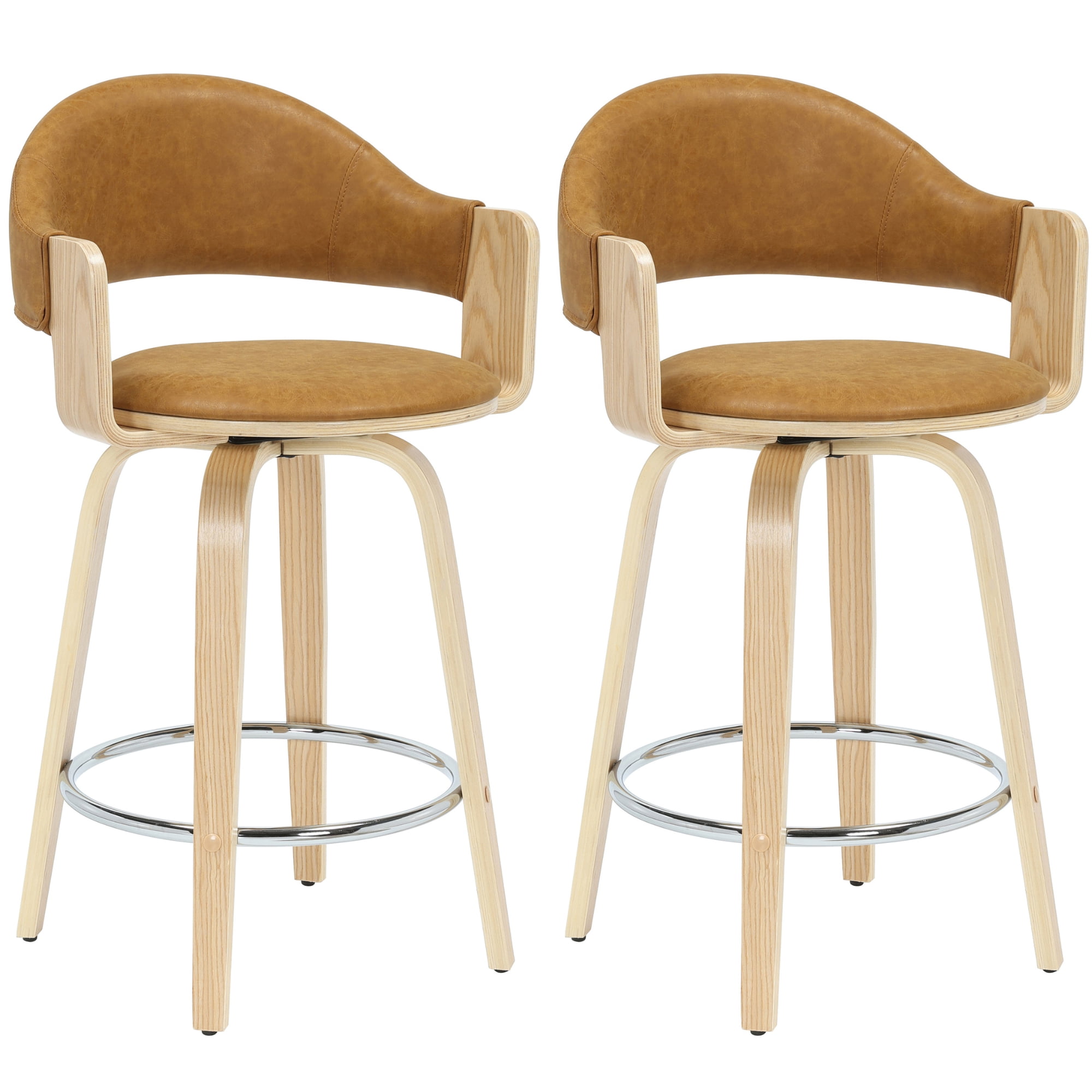 Daxton 36 in. H Swivel Counter Height Camel Round Back Wood Bar Stool with Faux Leather Seat Set of 2