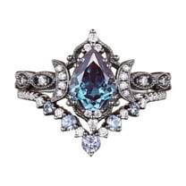 Pear Shaped Alexandrite Ring Set in 14K Black Gold Finish- Moon Engagement Gothic Crescent Ring