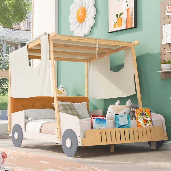 Euroco Wood Full Size Canopy Bed, Car Bed with Pillow and Ceiling Cloth Design, Platform Bed with LED Light for Kids Teens, Natural