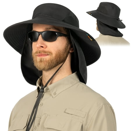 SUN CUBE Wide Brim Sun Hat for Men & Women with Neck Flap Cover UPF 50+ UV Protection Breathable Mesh Boonie Hat with Adjustable Chin Strap Packable Fishing Hiking Safari Hat Black