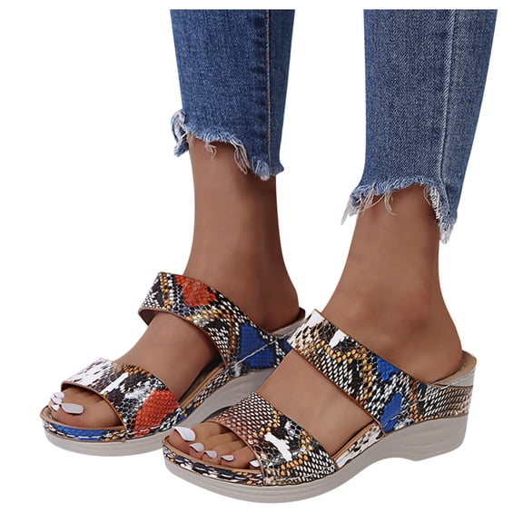 Wedge Sadnals for Women Leopard Print Open Toe Slides Slip on Summer Beach Shoes Casual Arch Support Walking Shoes Khaki Size 9