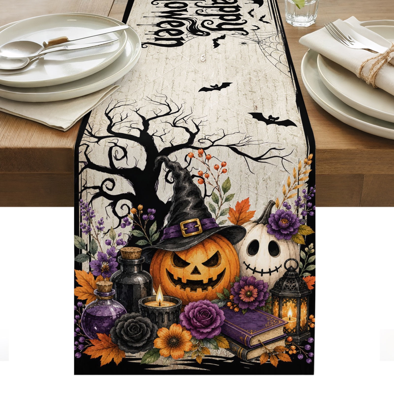 Halloween Table Runner Fall Fantasy Ghosts Witch Hat Pumpkin Vintage Purple Floral Washable Kitchen Table Runners for Dining Table Decorations Party/Restaurant/Indoor Outdoor Use 13x70in