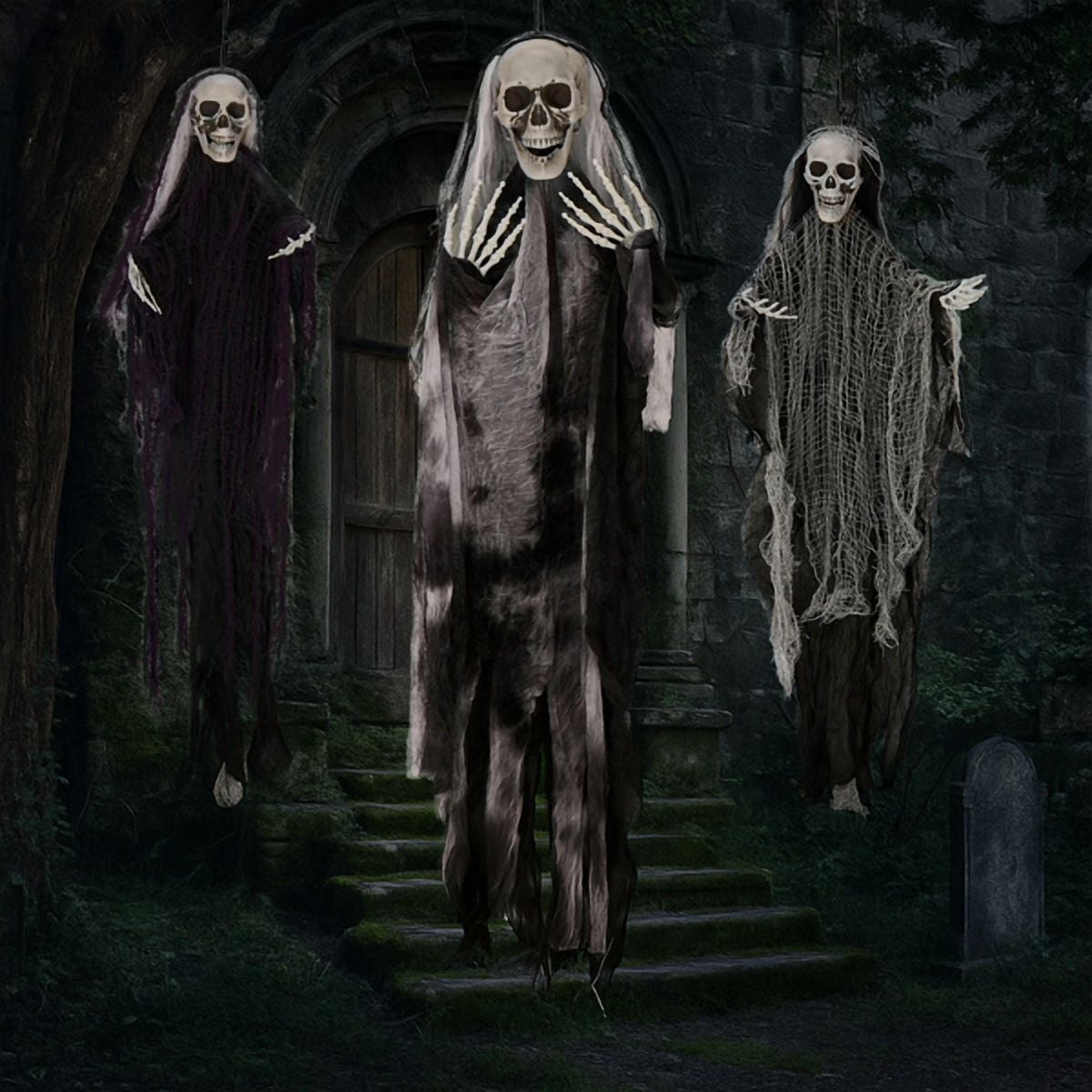 3-Pack Hanging Grim Reaper Ghosts 4.6FT and 3FT Halloween Decorations for Yard Porch Tree