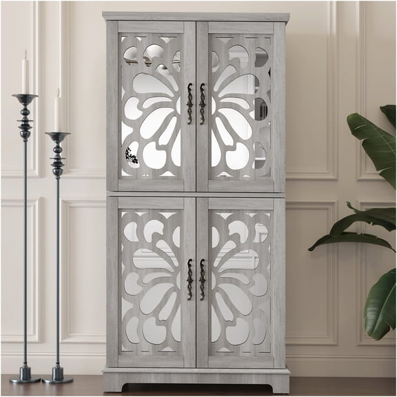 JERFIT 67.4" Tall 4-Door Corner Display Cabinet with Mirrored Doors, Adjustable Shelves for Living Room, Bedroom, Entryway Storage in Light Gray
