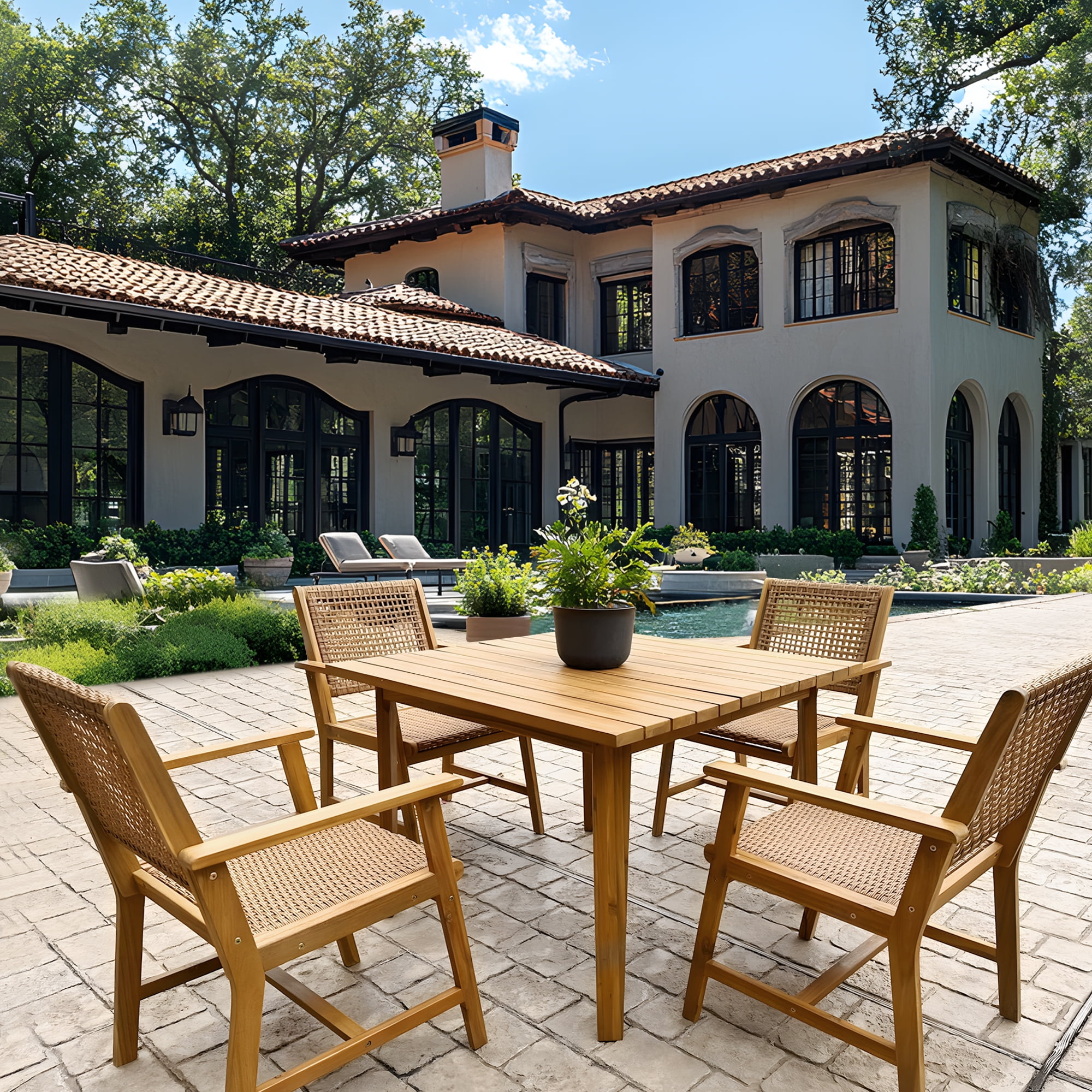 SUMMIT LIVING 8-Piece Acacia Wood Patio Dining Chairs (Weight Capacity 350 lbs) with Rattan Seat & Back, Teak Wood Outdoor Chairs