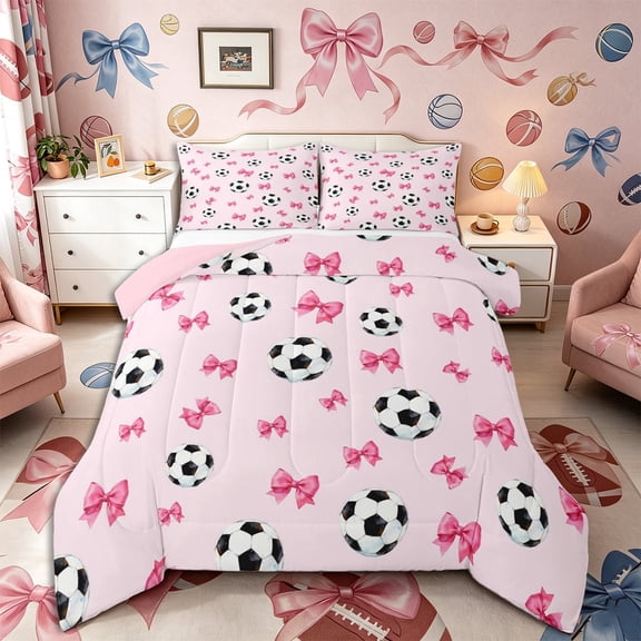 Meiyoeat Cute Soccer Ball Queen Comforter Set 3 Pieces, Pink Bow Print Comforter Sets Queen for Bedroom,Pink Reversible