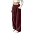 thumbnail image 3 of Womens Casual Wide Leg Pants, Elastic Waist Drawstring Solid Color Loose Trousers with Pockets, Lounge Pants for Work Home Daily Travel Wear | VerBelle,Wine XL, 3 of 8