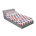 thumbnail image 2 of Tea Party Fitted Sheet & Pillow Sham Set, Britain Themed Teacup Forms Patterned Union Jack Hearts Flags, Decorative Printed 4 Piece Bedding Decor Set, Twinxl, Vermilion Night Blue, by Ambesonne, 2 of 3