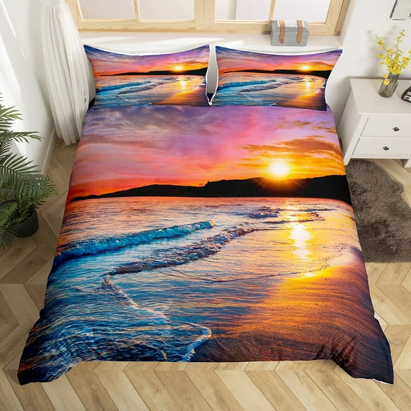 Sunset Duvet Cover Blue Ocean Bedding Set Queen Size Hawaii Beach Comforter Cover Set for Boys Girls Youth,Sea Wave Bed Set Afterglow Scenery Bedroom Decor，Yellow Orange Purple Red