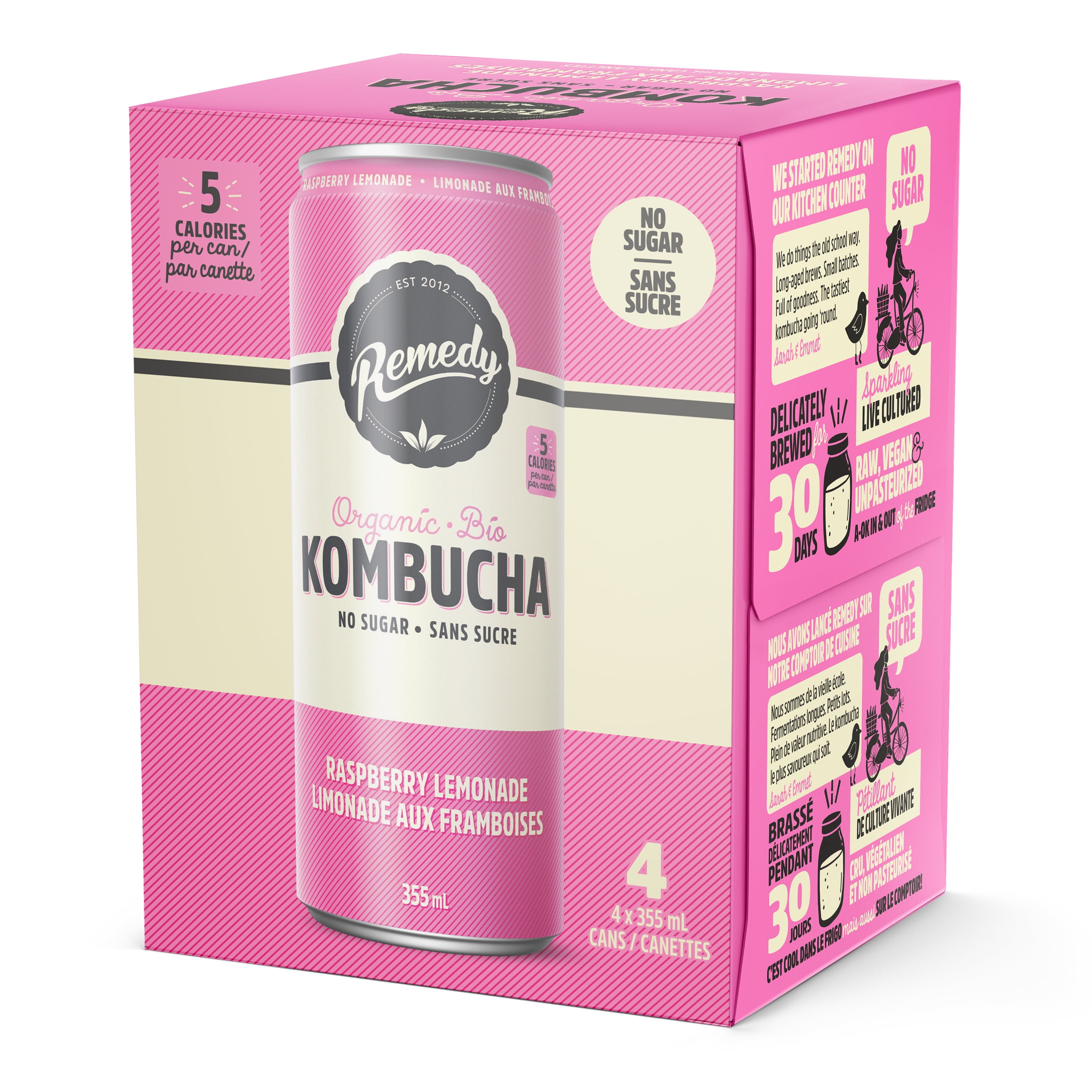 Organic, No Sugar, Natural, Raw and Unpasteurized, Naturally Caffeinated Remedy Kombucha Raspberry Lemonade 4PK, 4x355 ML