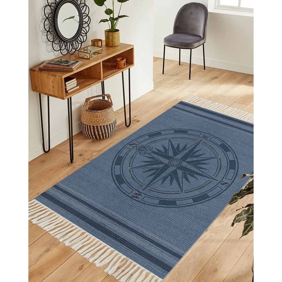 Nautical Compass Washable Area Rug 3'x5', Navy Blue Striped Coastal Compass Woven Cotton Tassels Kitchen Rugs, Non Slip Indoor Door Mat Throw Carpet for Entryway Living Room Nursery Laundry Room