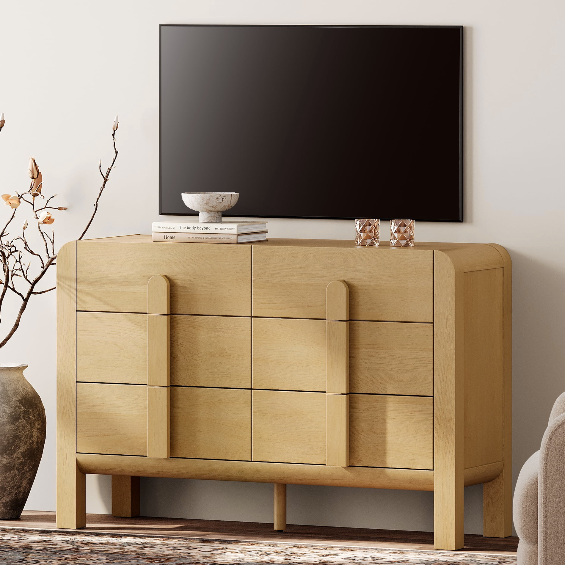 Mid Century 6 Drawer Dresser for Bedroom, Wide Modern Chest of Drawers with Curved Profile Design, Wood Closet Clothes Storage Organizer for Bedroom, Living Room