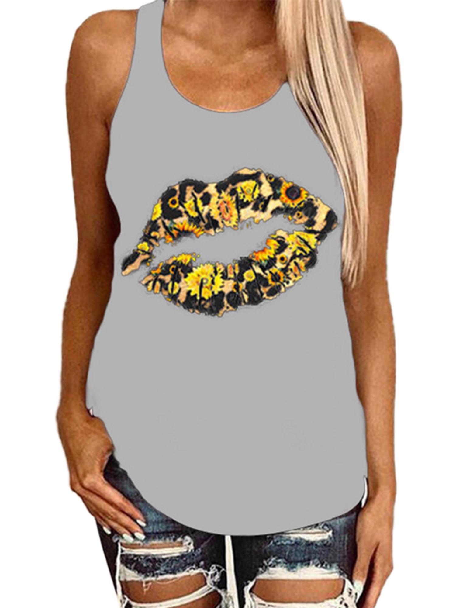 Womens Tops Summer Plus Size Tops Printing Vest Sleeveless Loose Crop Tops Tank Blouse 