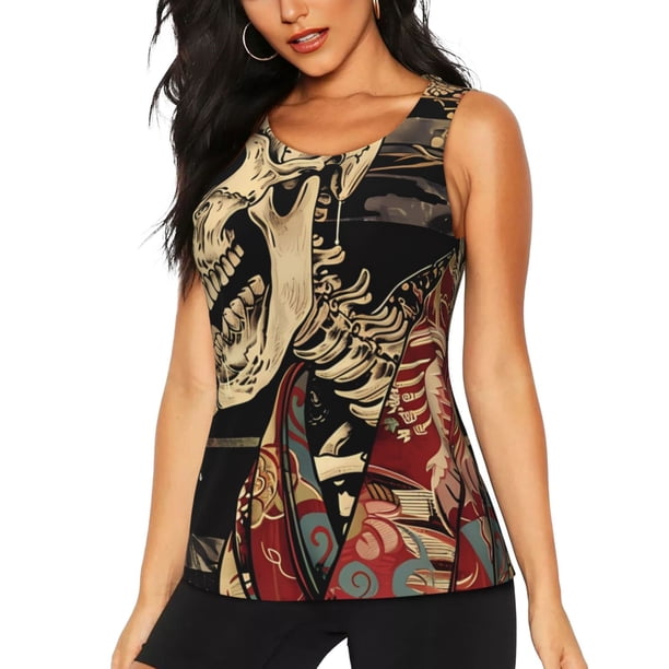 Fotbe Gothic Eastern Floral Skull Blusas Sin Mangas para Mujer – Estilo Casual, Corte Suelto, Slim-Fit, Cuello Redondo Deportivo, Tops de Verano para Gimnasio y Yoga-Large
