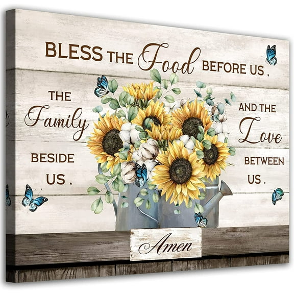 Flowers Canvas Wall Art Inspirational Quotes Canvas Pictures Farmhouse Sunflower Artwork Wall Decor Bless The Food Before Us Prints for Kitchen Living Room Bedroom Dinning Home Decor Framed 12" x16"
