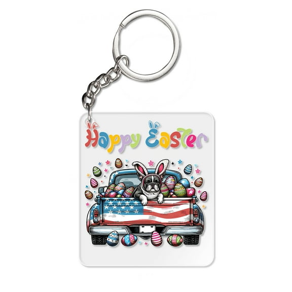 Happy Easter French Bulldog American Flag Truck Bunny Ears Acrylic Keychain Dog Lover Gifts Collar Charm Tag Keyring - 03001