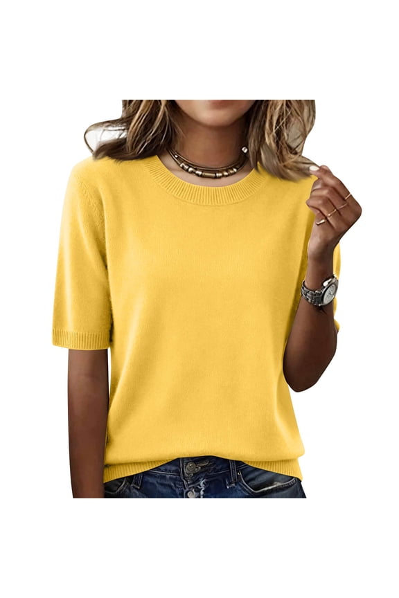 Womens Short Sleeve Sweaters Cropped Crewneck Business Casual Lightweight Sweater Tops 2026 Spring Summer Sweaters Ginger XL