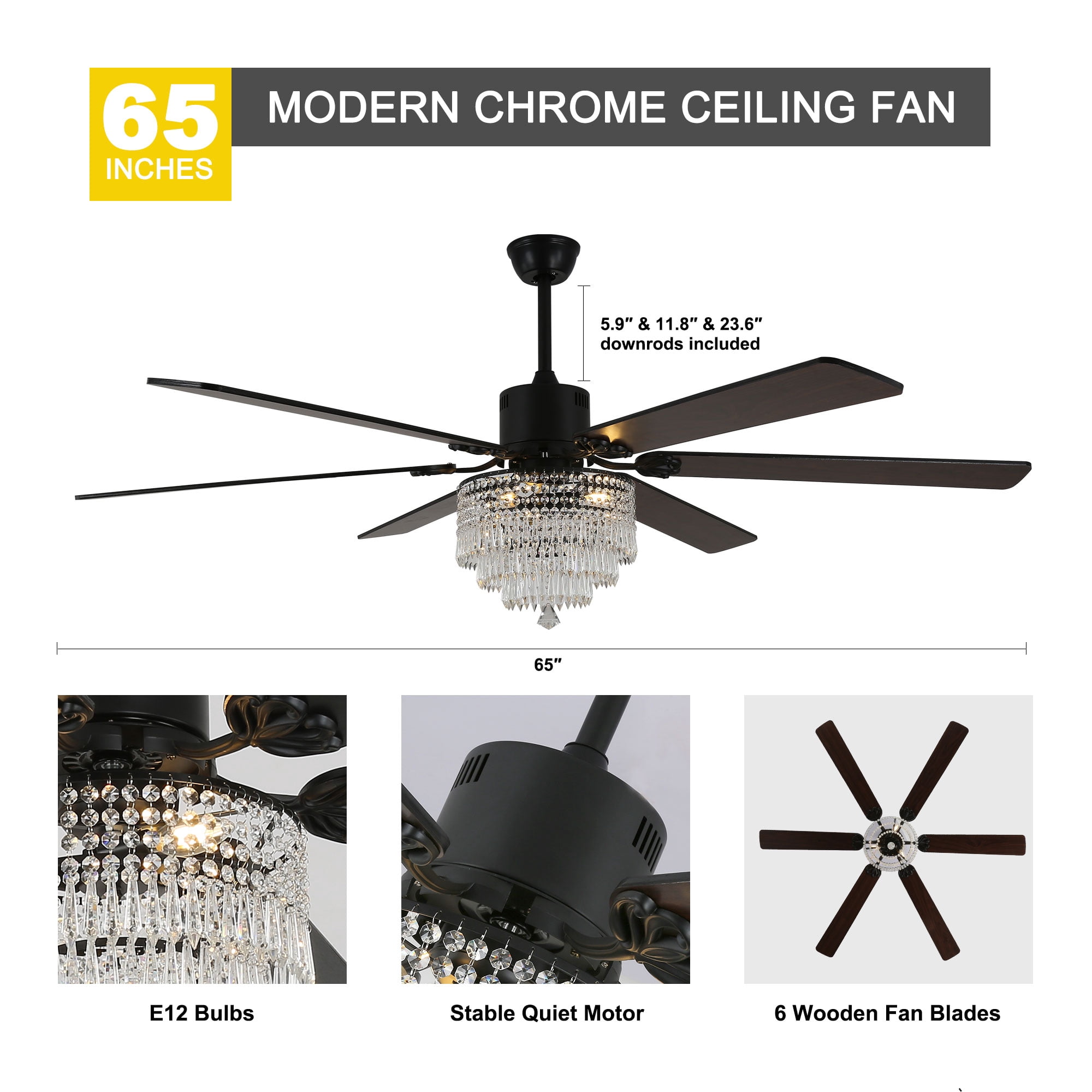 Chords Attic 65" 6-Blade Reversible Ceiling Fan with Lights and Remote Control, 6-Speed, Timer Setting Quiet DC Motor