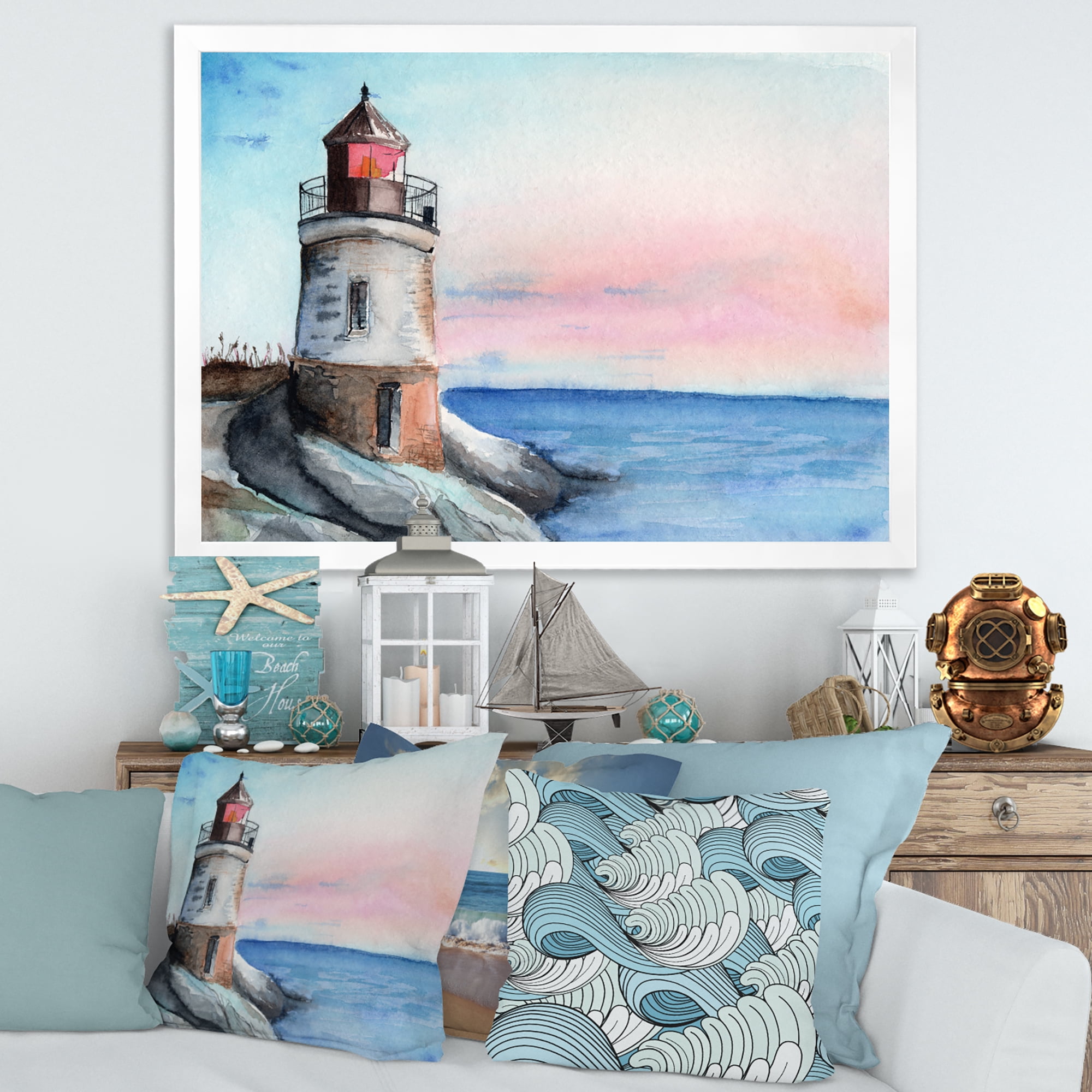 Designart 'A Lighthouse On A Rock Shore At Dawn' Nautical & Coastal Framed Art Print