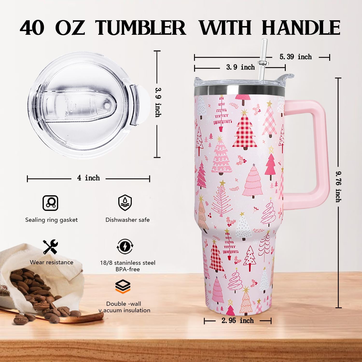 40 Oz Pink Christmas Tree Tumbler With Handle,Christmas Tree Coffee Travel Mug Cup,Christmas Decor,Christmas Gifts for Women