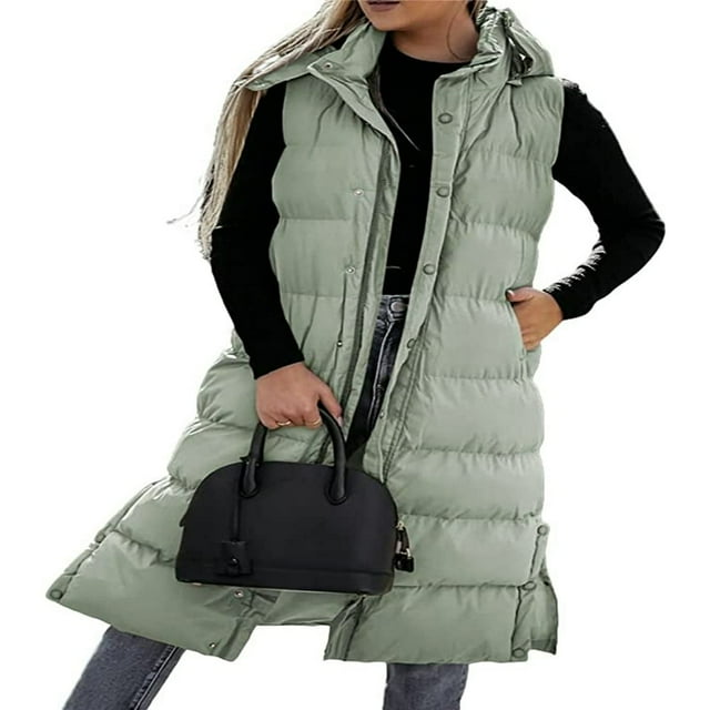 Gilet Long Chaud en Duvet pour Femmes, Doudoune Sans Manches à Fermeture Éclair, Épais, à Capuche, Vestes Matelassées, Manteaux
