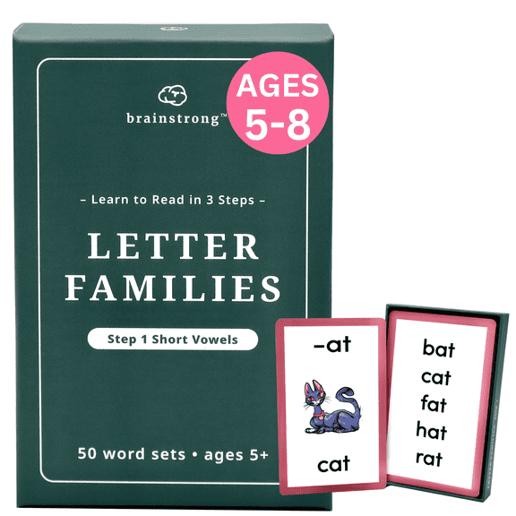 Phonics Step 1 Short Vowels | Ages 5-7 | 244 Word | Brainstrong Letter Families - 50 Premium Flashcards