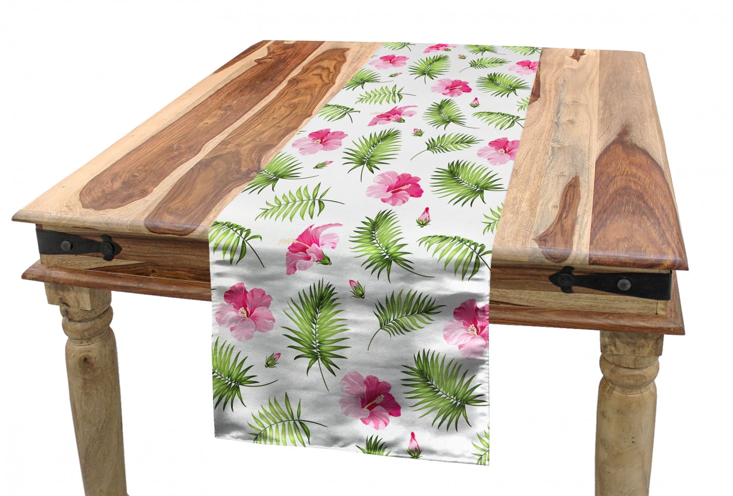 Tropical Table Runner, Pink Hibiscus Flowers with Green Palm Foliage