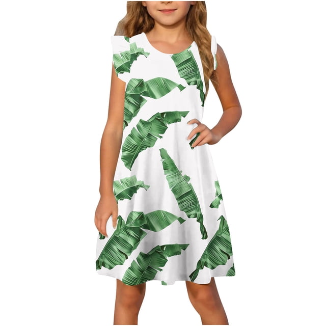 RXIRUCGD 2025 Vêtements d'Été pour Enfants Robe d'Été à Manches à Volants pour Filles 4-14T