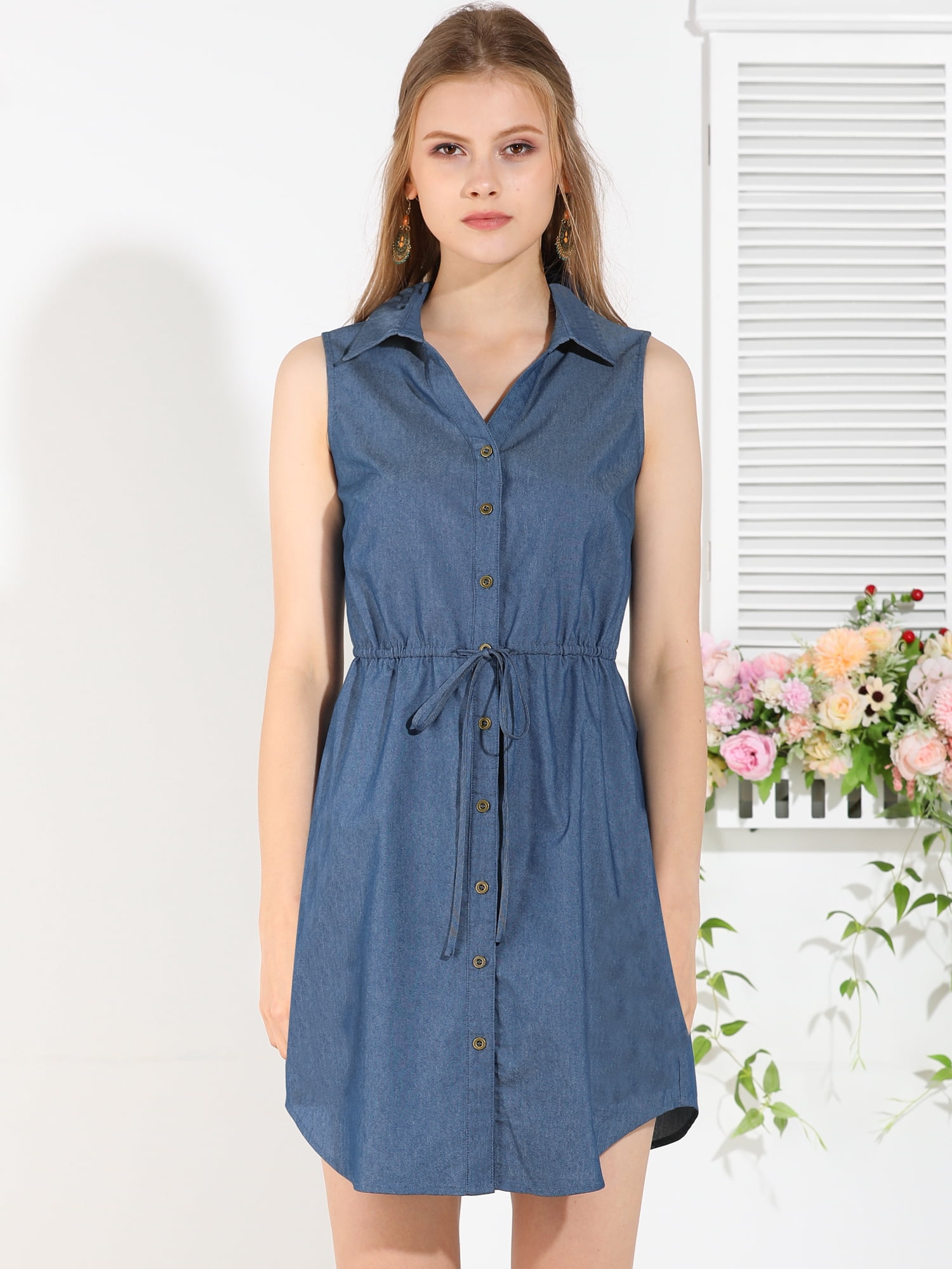 DARING DIVA Sleeveless Collar Button Down Tie Waist Belt Shirt Dress XS Blue
