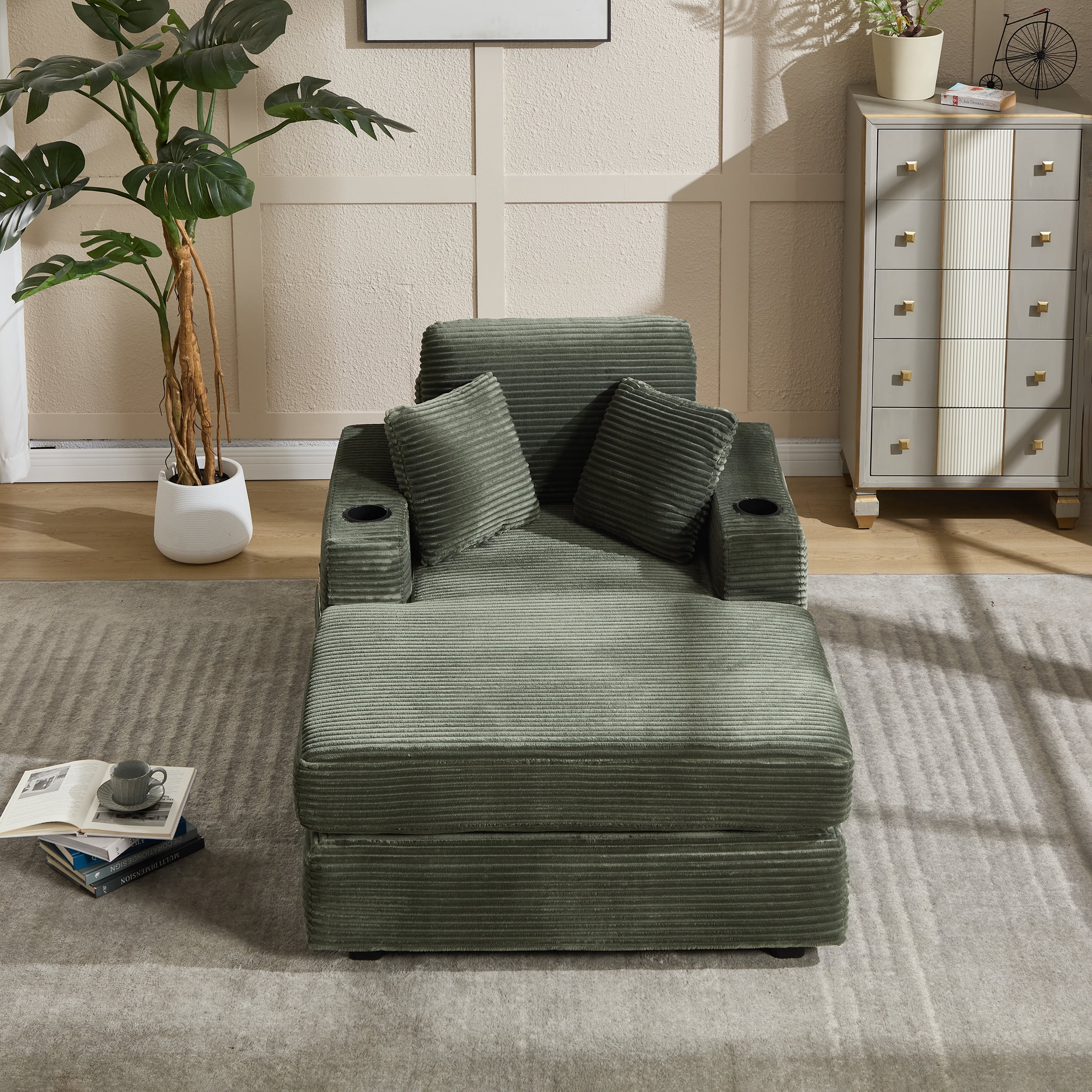 Leumius Chaise Lounge Sofa with Magazine Pocket and Double Cup Holder - Removable Cushions, Ergonomic Corduroy Sofa with Deep Seat, Perfect for Living Room or Home Office,Green.