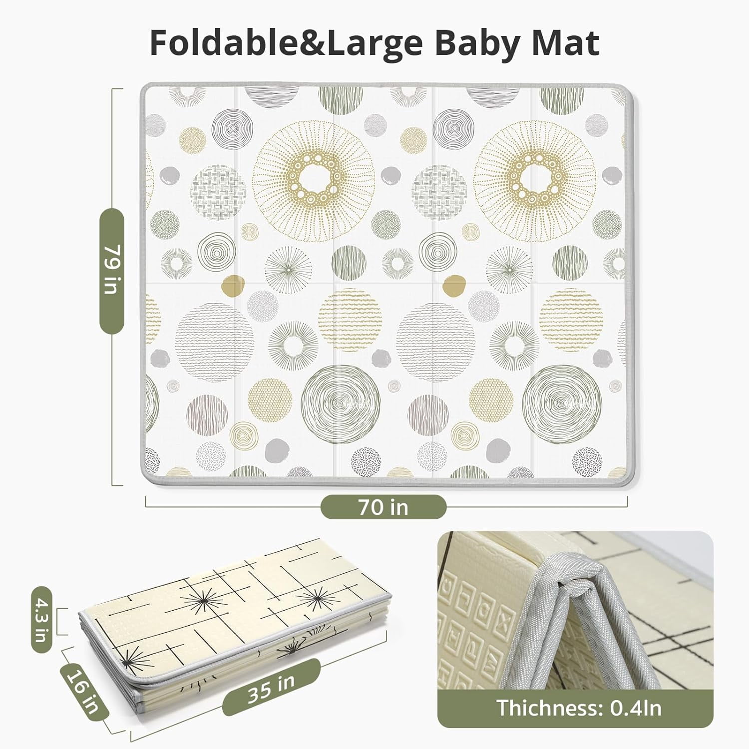 Baby Play Mat 79x71, Extra Large Baby Mat for Floor, Foldable Play XPE Foam Mat, Reversible Crawling Mat for Baby, Waterproof, Safe & Thick Playmats for Babies and Toddlers, Indoor & Outdoor Use