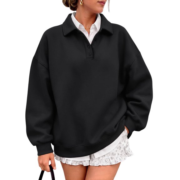 Womens Oversized Polo Sweatshirts Fleece Quarter Button-Down V Neck Fall Hoodies Back To School Winter Clothing XL