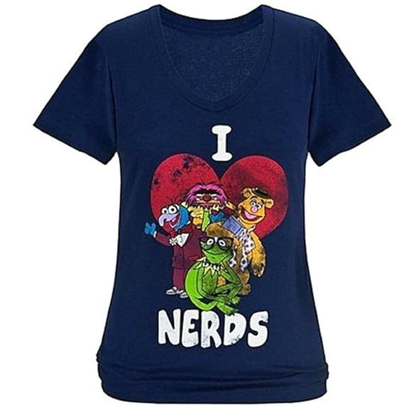 The Muppets Junior Women's "I Heart Nerds" Distressed Graphic Blue V-Neck T-Shirt - XS
