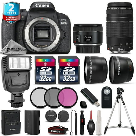 Canon EOS Rebel 800D Camera + 50mm STM + 75-300mm + 64GB + Flash + 2yr Warranty
