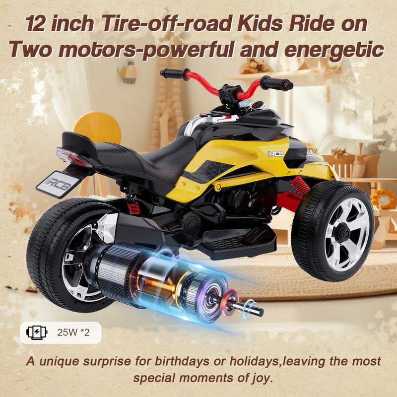 RCB 12V Electric Ride-On,Dual Motors,Music,Up to 5 mph,3 Wheel ATV Style for Kids Ages 3+,Yellow