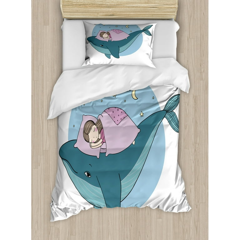 Whale Twin Size Duvet Cover Set, Hand Drawn Style Little Girl is