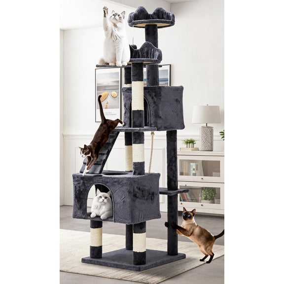 74" Tall Cat Tree for Large Cats – Indoor Cat Tower with 6 Scratching Posts, Large Top Perch, Hanging Balls & Sturdy House for Adult Big Cats – Dark Gray