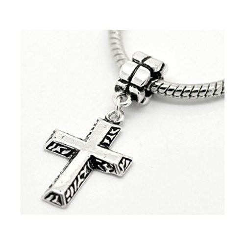 Sexy Sparkles Antique Silver Tone Christian Cross Charm Spacer Bead Fits Troll Chamilia Biagi Bracelet, Religious Charm Spacer