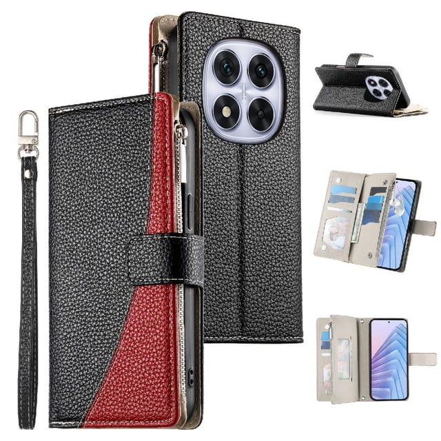 Funda cartera GANGXUN para Xiaomi Redmi Note 14 Pro Plus 5G , cuero PU con tarjetero, cremallera, correa de mano, soporte y protección 1279°