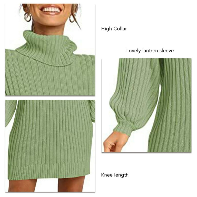 Pea Green Sweater Dress with High Collar and Long Lantern Sleeves Casual Pullover Dress for Women Loose Fit Walmart